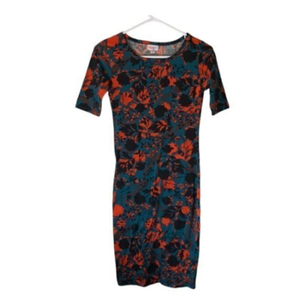 Lularoe Green Red Black Floral Form Fitting Slim Julia Dress Size XXS EUC #7445